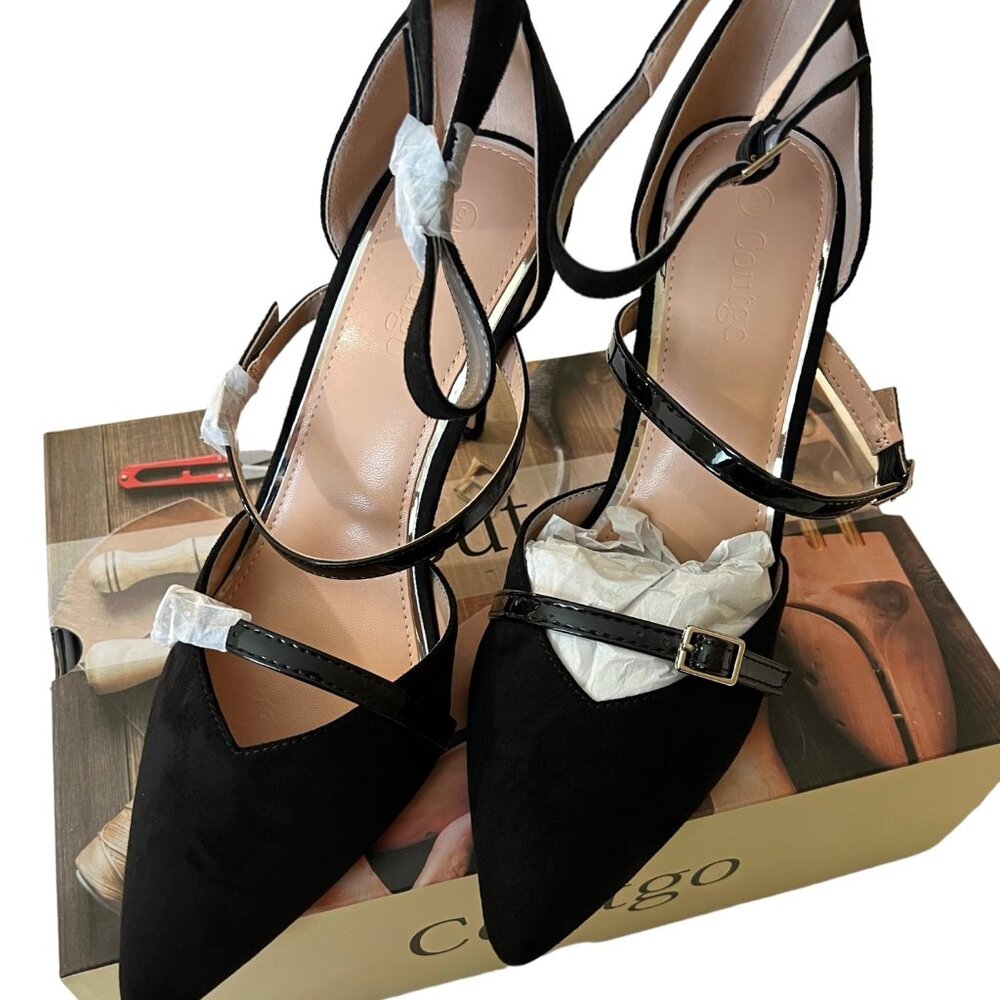 Coutgo Women's Black Stiletto Pumps With Ankle Strap &‎ Pointed Toe Size 9 NWB